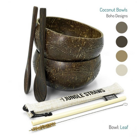 Coconut Bowls (2) Wooden Spoons (2) & Bamboo Straw (1) Set