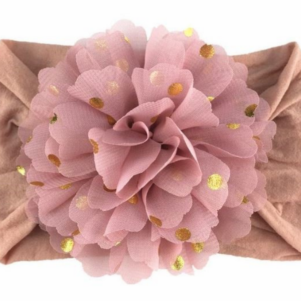 Handmade Nylon Flower Headband with Golden Polka Dots