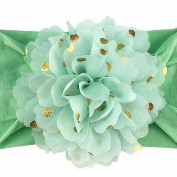 Handmade Nylon Flower Headband with Golden Polka Dots