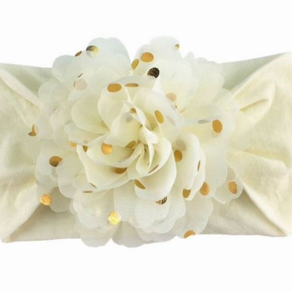 Handmade Nylon Flower Headband with Golden Polka Dots