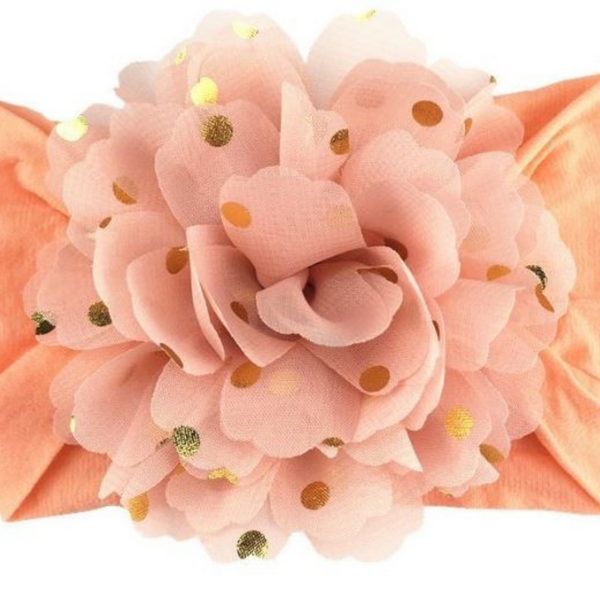 Handmade Nylon Flower Headband with Golden Polka Dots