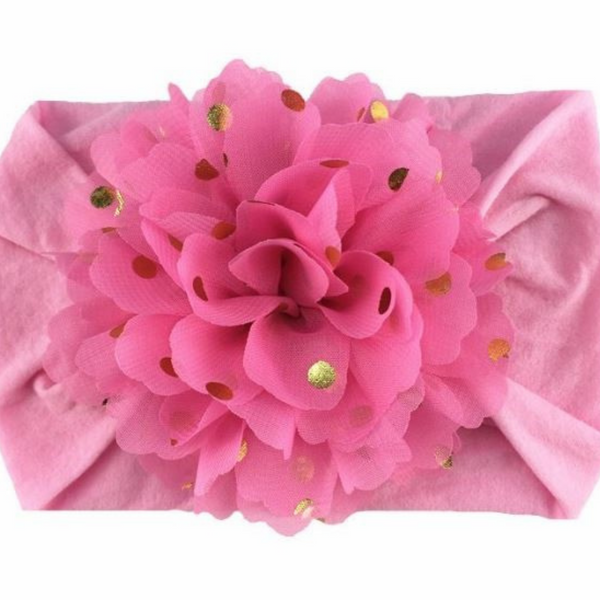 Handmade Nylon Flower Headband with Golden Polka Dots