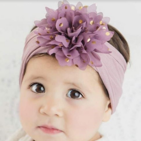 Handmade Nylon Flower Headband with Golden Polka Dots