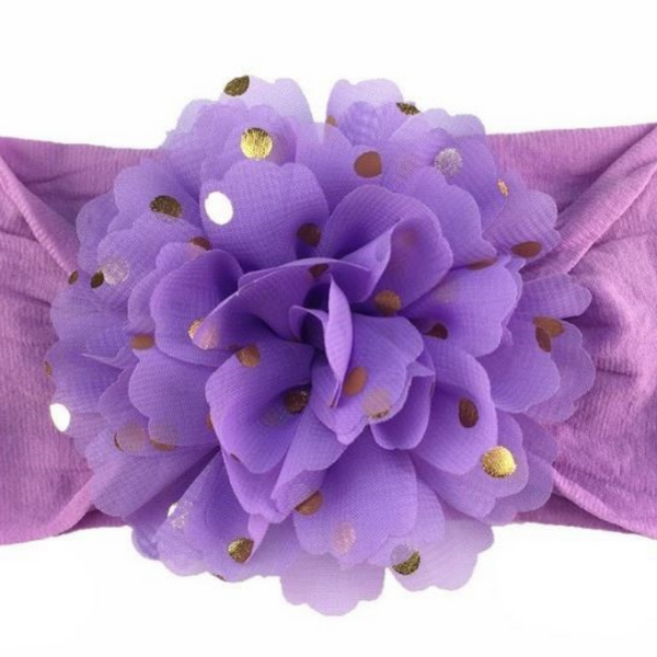 Handmade Nylon Flower Headband with Golden Polka Dots