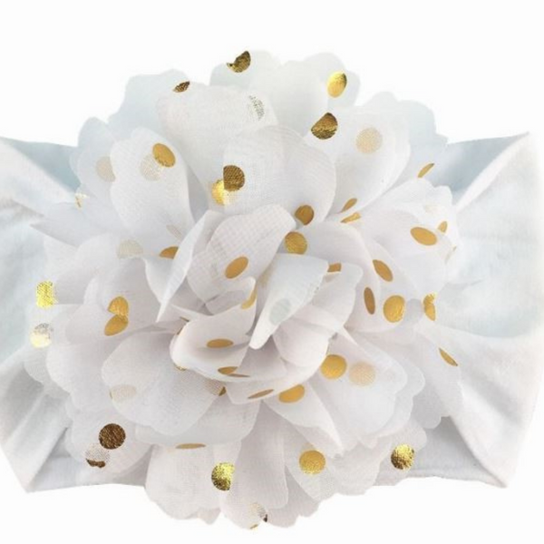 Handmade Nylon Flower Headband with Golden Polka Dots